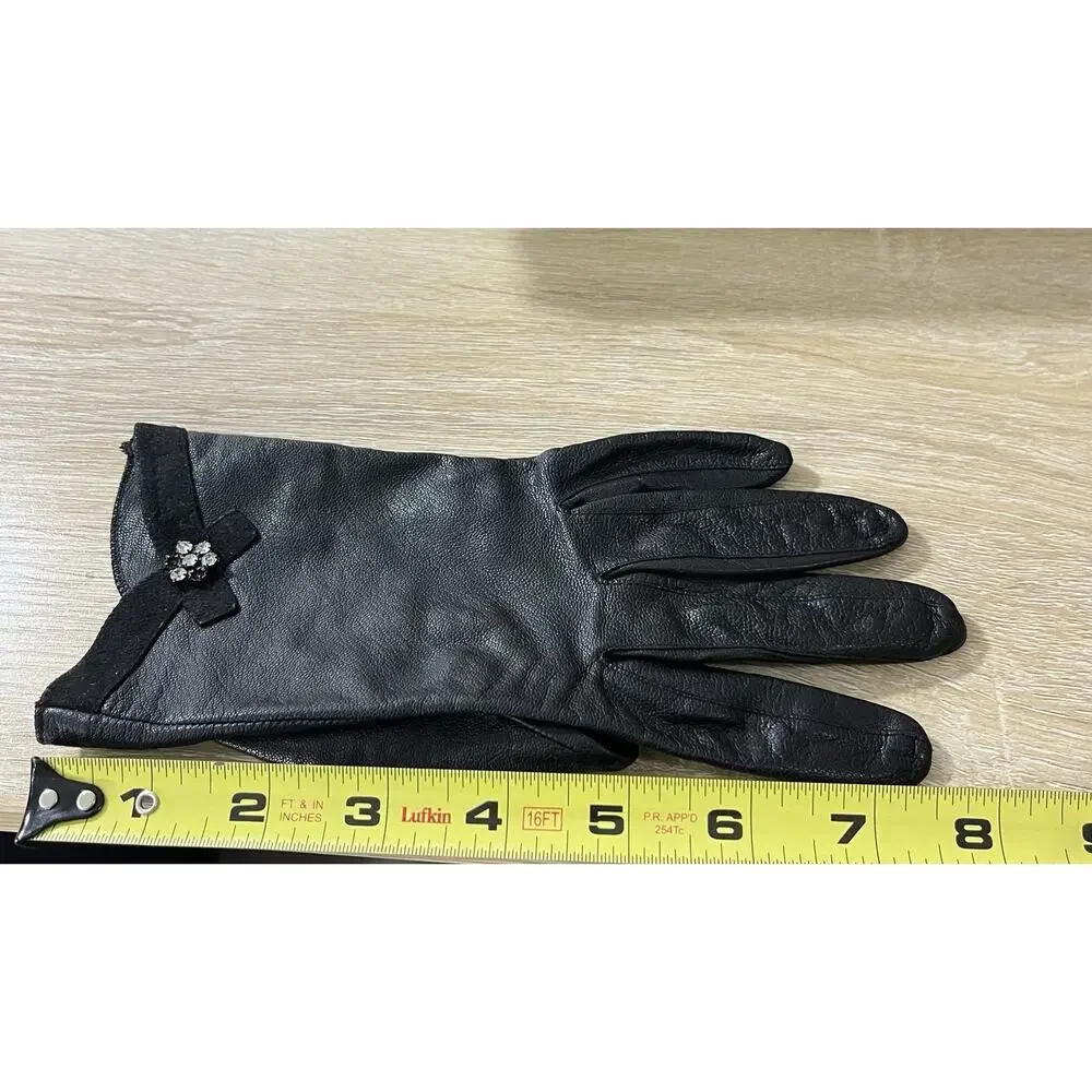 Vintage Guy La Roche Black Leather Gloves Size Small Rhinestone Coquette Retro